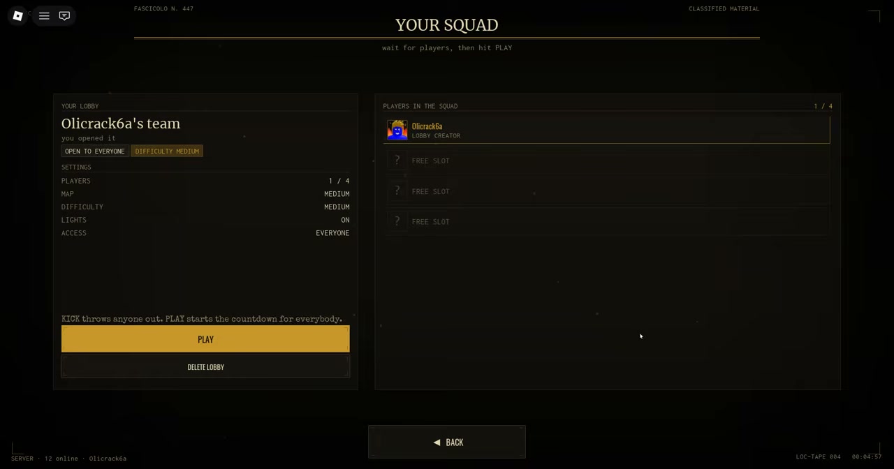 Pre-match lobby screen showing YOUR SQUAD roster, player list, options, and PLAY button