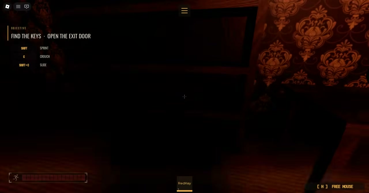 In-game HUD displaying FIND THE KEYS • OPEN THE EXIT DOOR text banner and keyboard movement control prompts